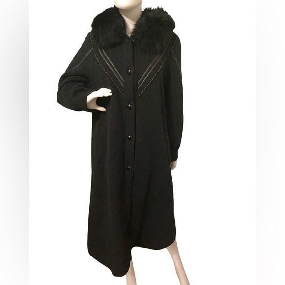 Vintage 70s 80s Fur Wool Pea Trench Coat Long Leather Inserts Button Down Warm - Picture 10 of 16